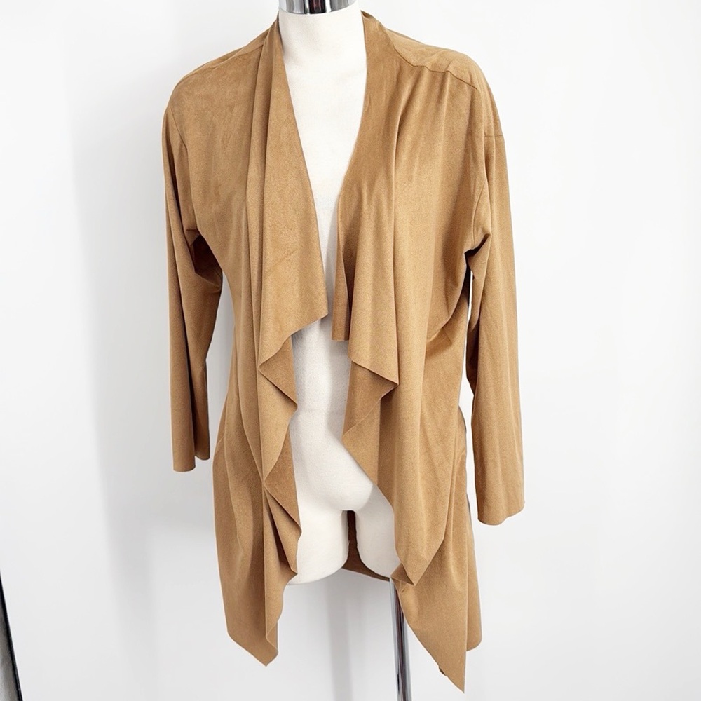 Sandro Ferrone Open Front Cascade Cardigan Faux Suede size Large Tan Taupe